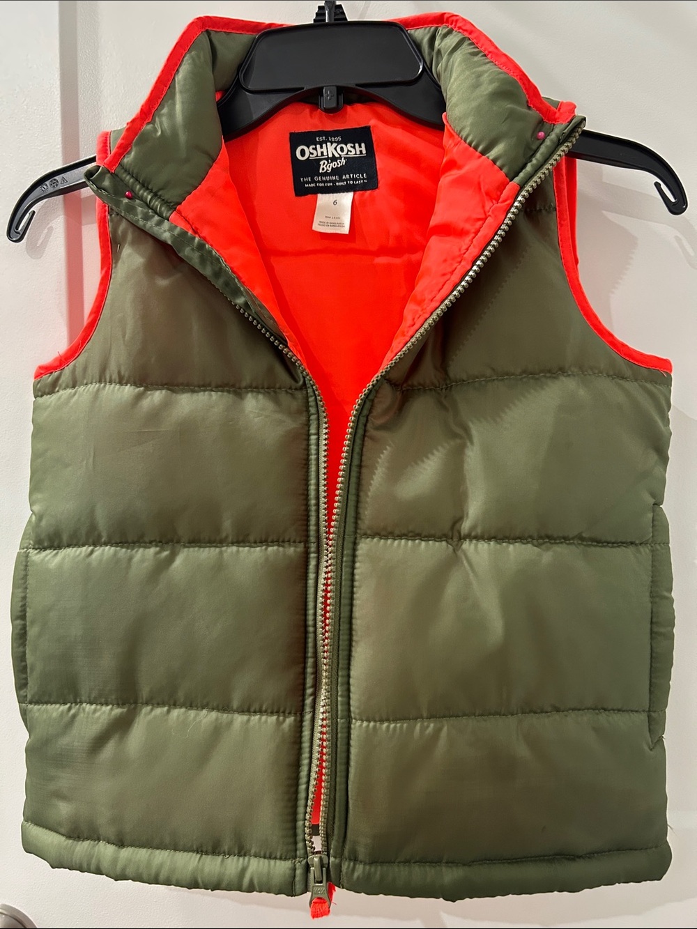 OshKosh B'gosh Olive Green Reversible Puffer Vest with Orange Lining size 6